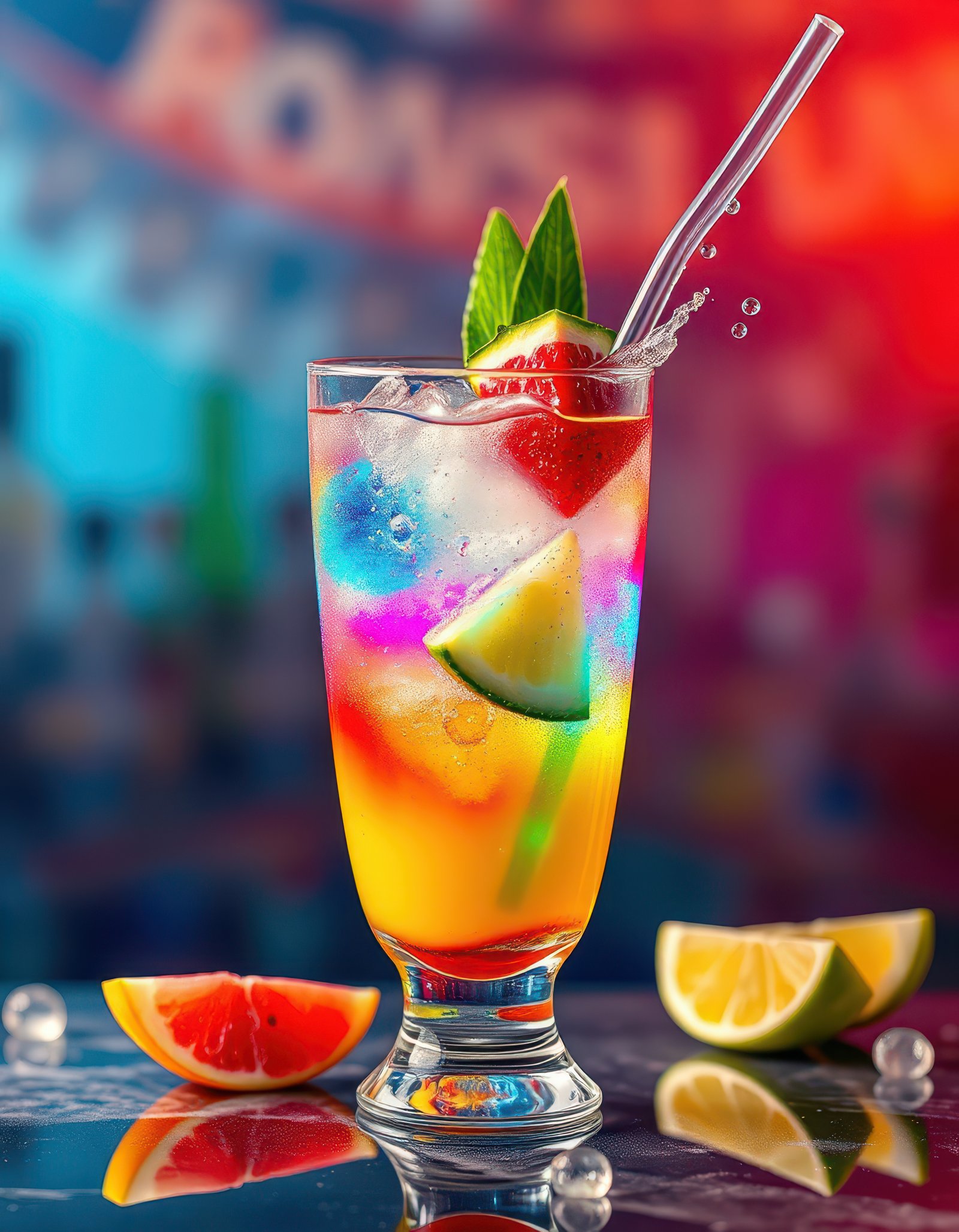Colorful tropical cocktail served in a tall glass with fresh fruits at a lively bar during summer